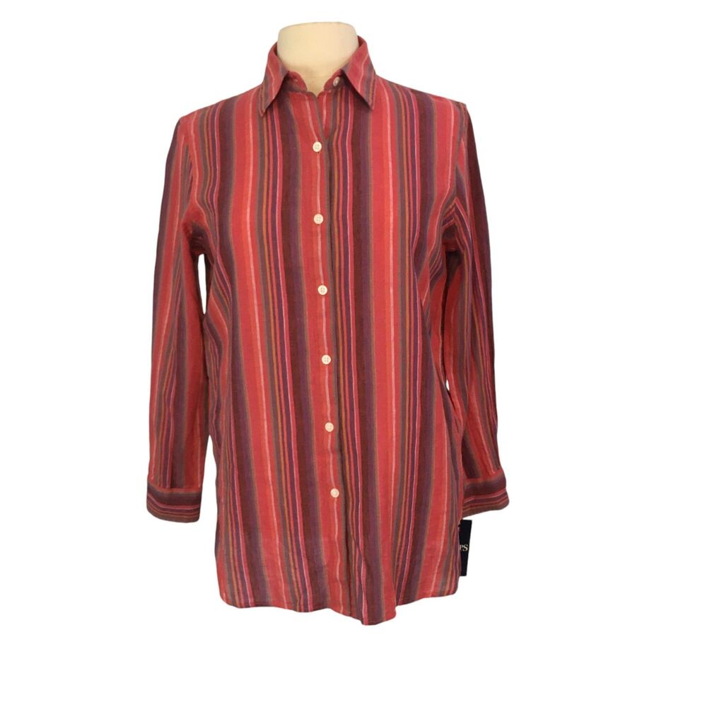 Chaps Womens Dusty Lane‎ Striped Button Front Western Shirt, Red, Small NWT